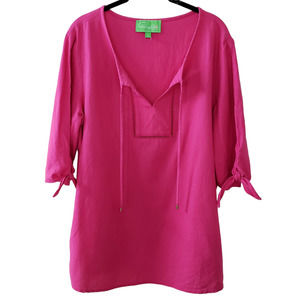 Pappagallo Linen Blend 3/4 Tie Cuff Sleeve Tie Neck Tunic Top, Dk Pink, Sz L